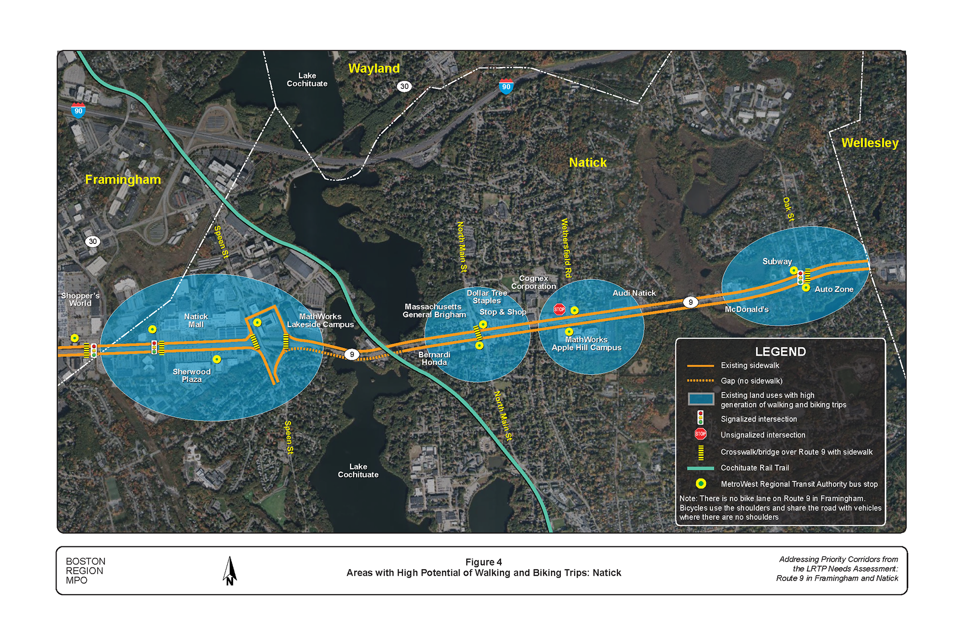 Figure 4 is a map of the corridor showing the areas with high potential of walking and biking trips in Natick